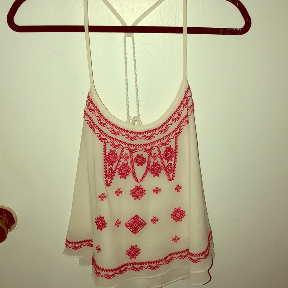 White Polyester Top with Red Embroidery